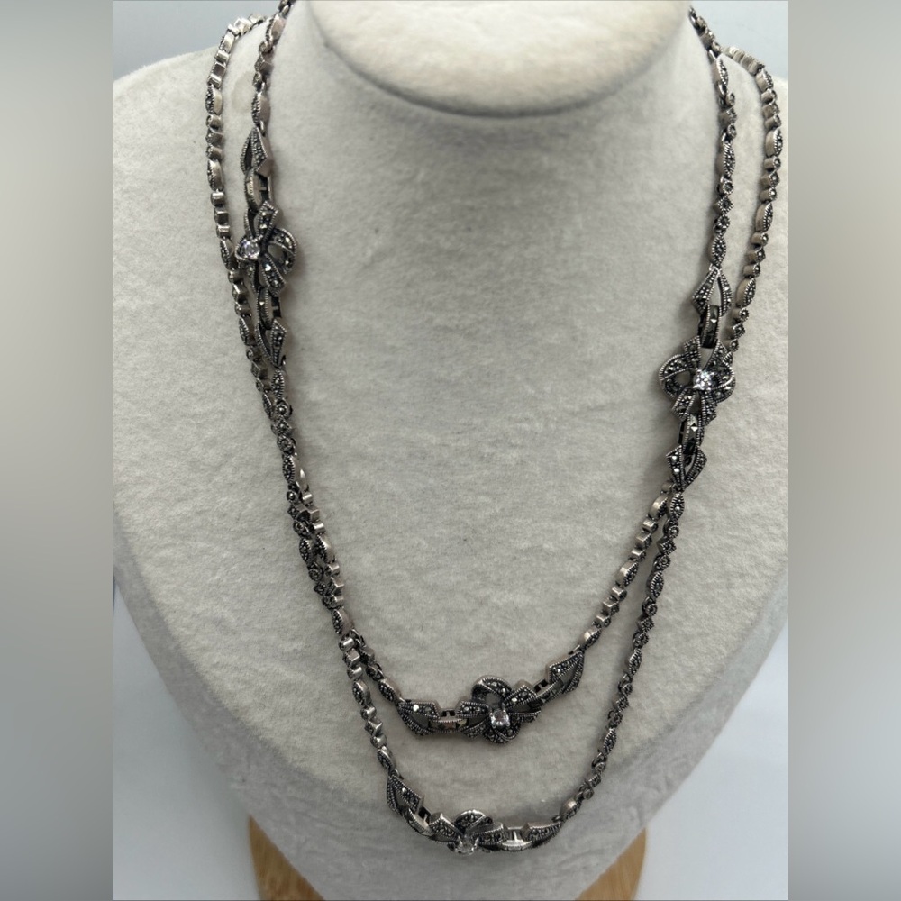 Judith Jack Vintage Marcasites 36 In Necklace  Bow Stations Signed 33grams